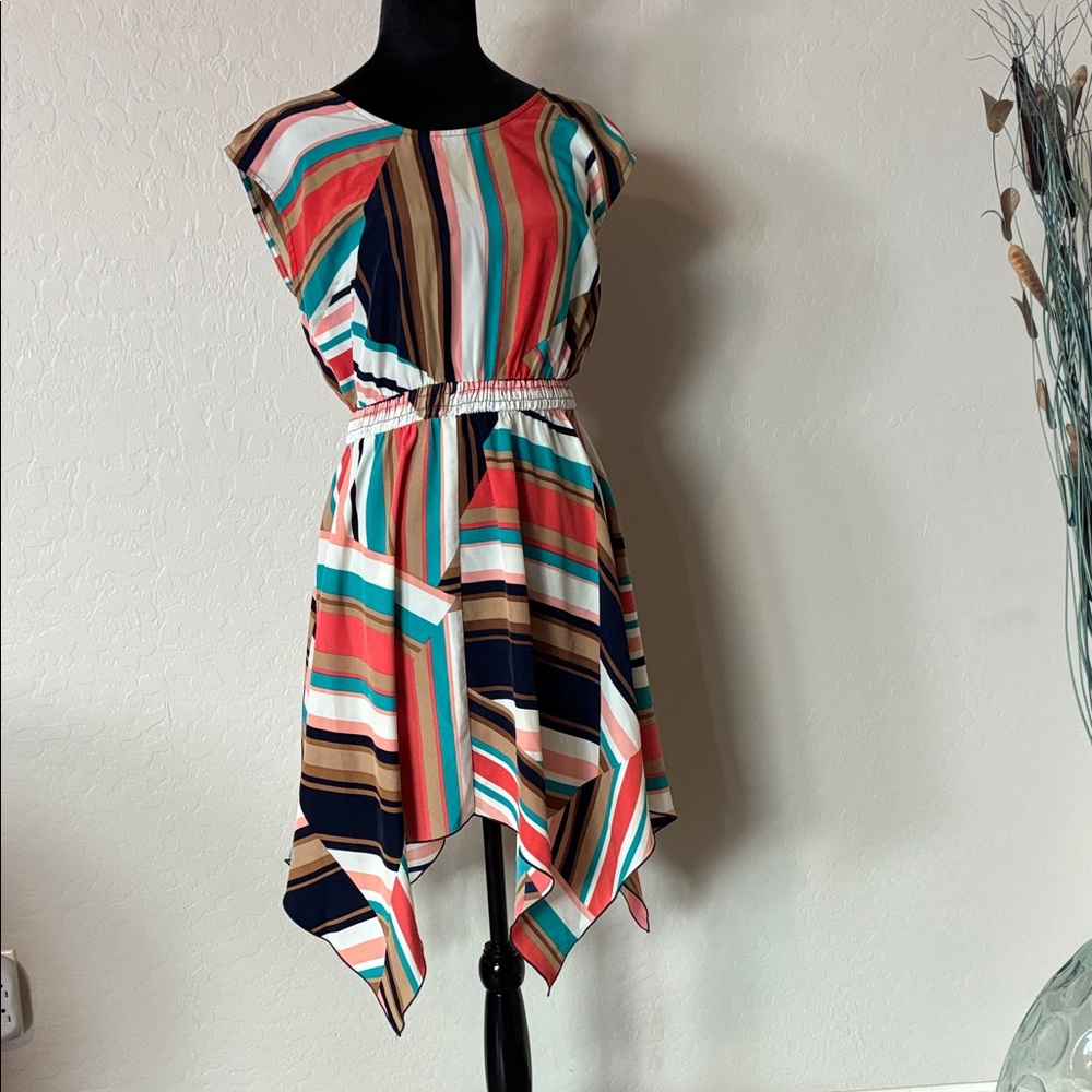 Love Fire Multicolor Striped Handkerchief Hem Dress M Boho Chic